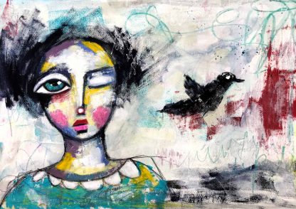 Whimsical painting with quirky face and bird